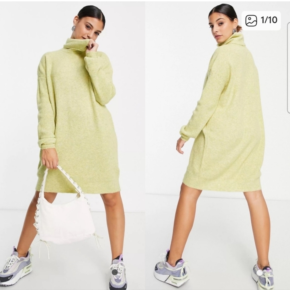 Noisy May Fine Gauge Knitted Oversized Sweater Dress Yellow Green Turtleneck XS